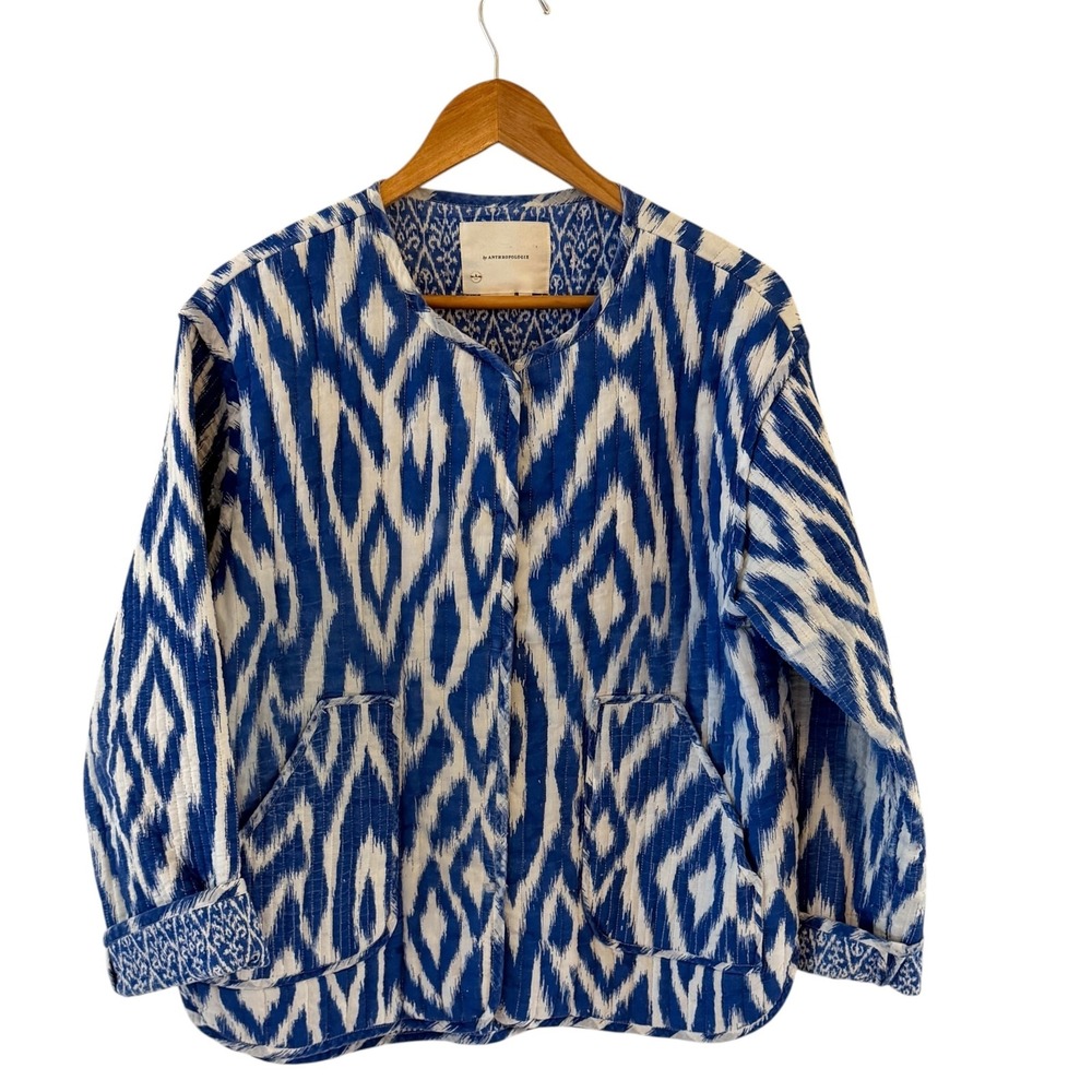 Anthropologie Quilted Ikat Jacket Womens M Blue Cotton Collarless Boho India